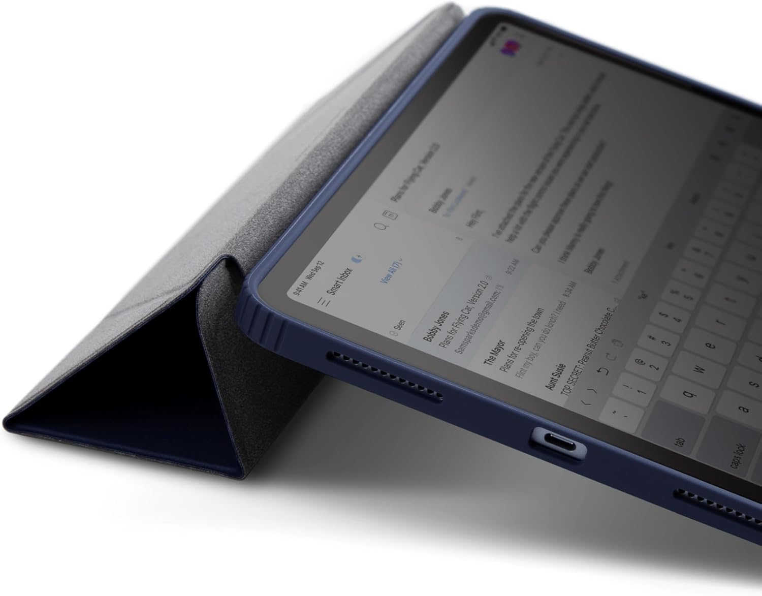 iPad Pro in UNIQ MOVEN case, set up in a lower, inclined angle for typing or sketching using the Y-fold stand.