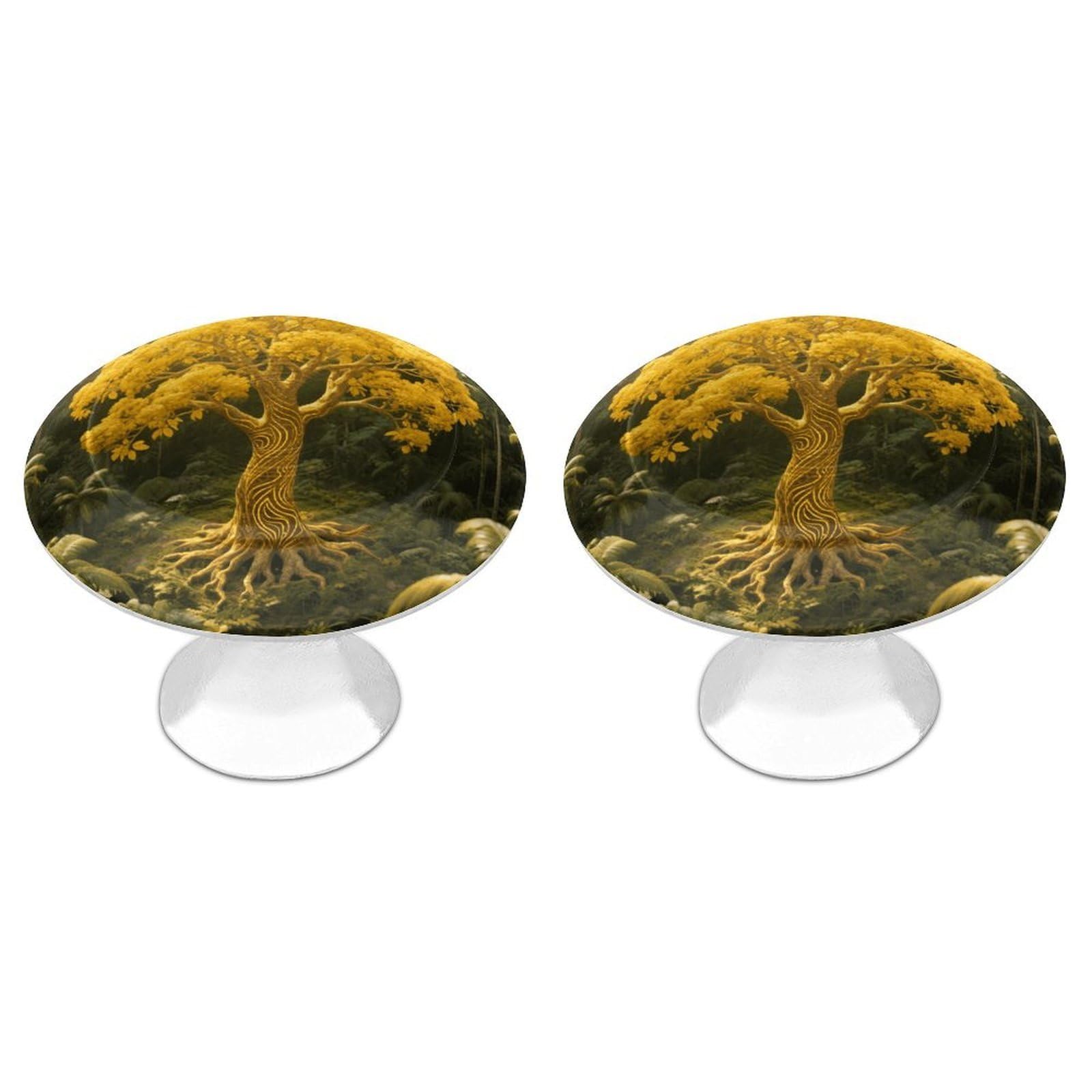 Maccbn Style-3 2 Pack 1.1" Round Yellow Tree Of Life Design Drawer Knobs Modern Kitchen Cabinet Knob Hardware Handles Decorative Furniture Knobs For Dresser, Cupboards, Wardrobes, Bifold Door, Closet Doo