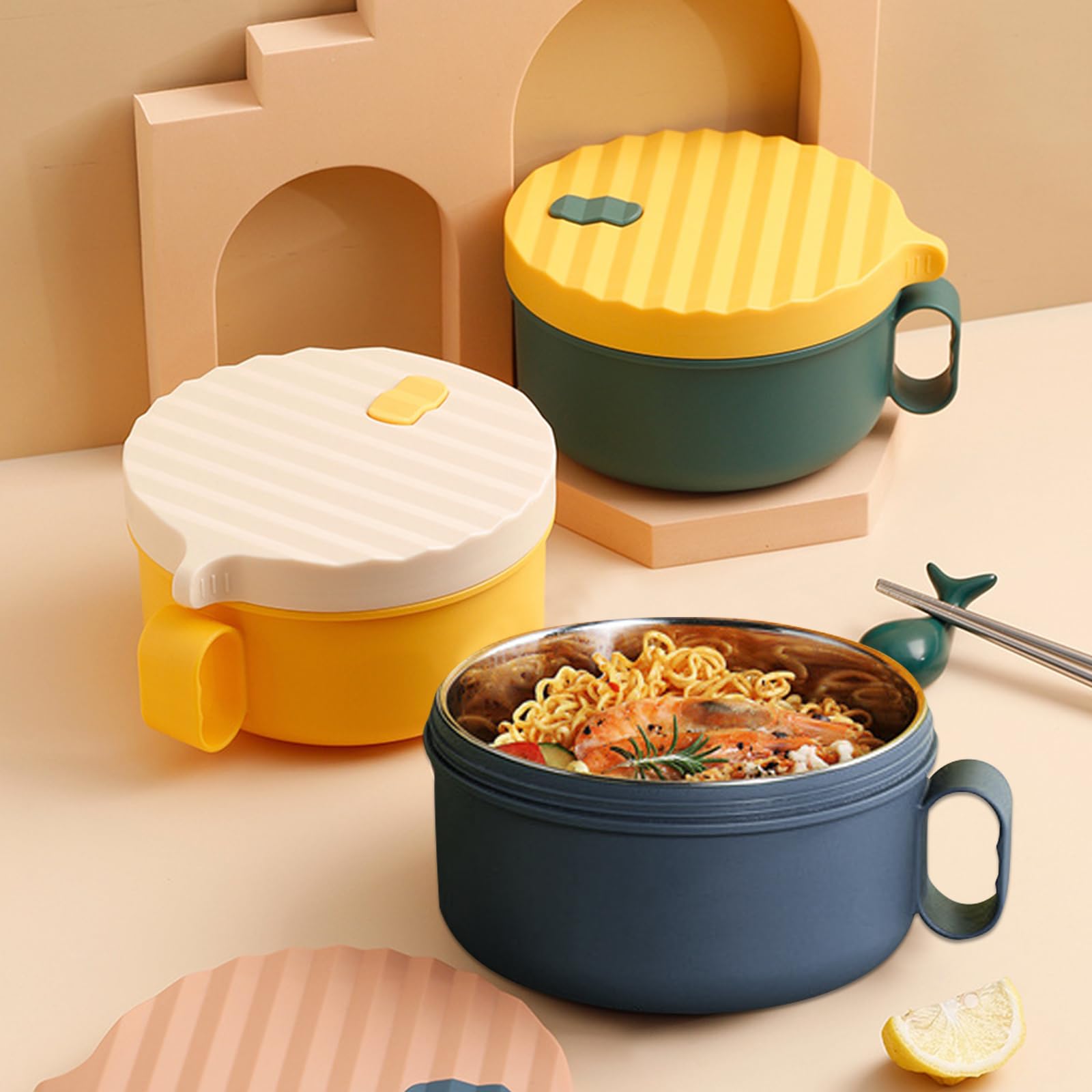 Ramen Schüssel Set, Instant-Ramen-Schüssel 1200ML Rostfreier Stahl Ramen Bowl Schüssel mit Deckel und Stäbchen Japanische suppenschüssel Nudelsuppen Schale für Schlafsäle (puderblau)