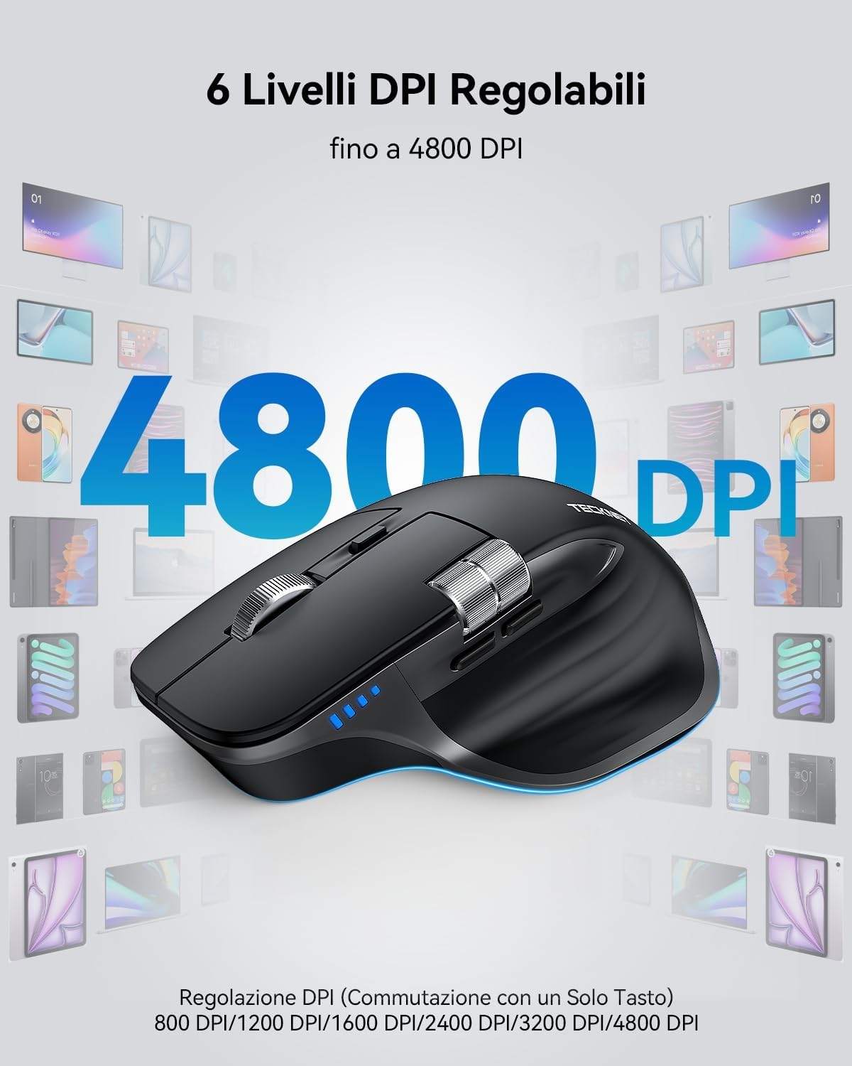 TECKNET Mouse Wireless Bluetooth ad Alte Prestazioni (BT5.3/5.0+2.4G), Rotella di Scorrimento Orizzontale, Design Silenzioso, 4800 DPI Mouse Ergonomico Ricaricabile per PC/Tablet/MacOS/Windows, Nero