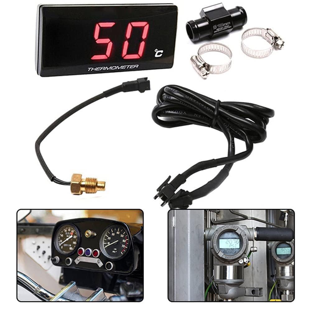 Thermomètre Numérique pour Moto, Affichage Précis de Température d'Eau, avec 22mm Adaptateur de Sonde en Métal Étanche, Accessoire de Modification de Moto(Rouge)