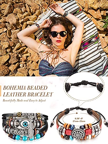 Hicarer 9 Pieces Bohemian Western Jewelry Set for Women Turquoise Vintage Dangle Earrings Set Boho Retro Rhinestone Drop Earrings Multi-layer Beaded Leather Bracelet and Turquoise Bead Necklace3