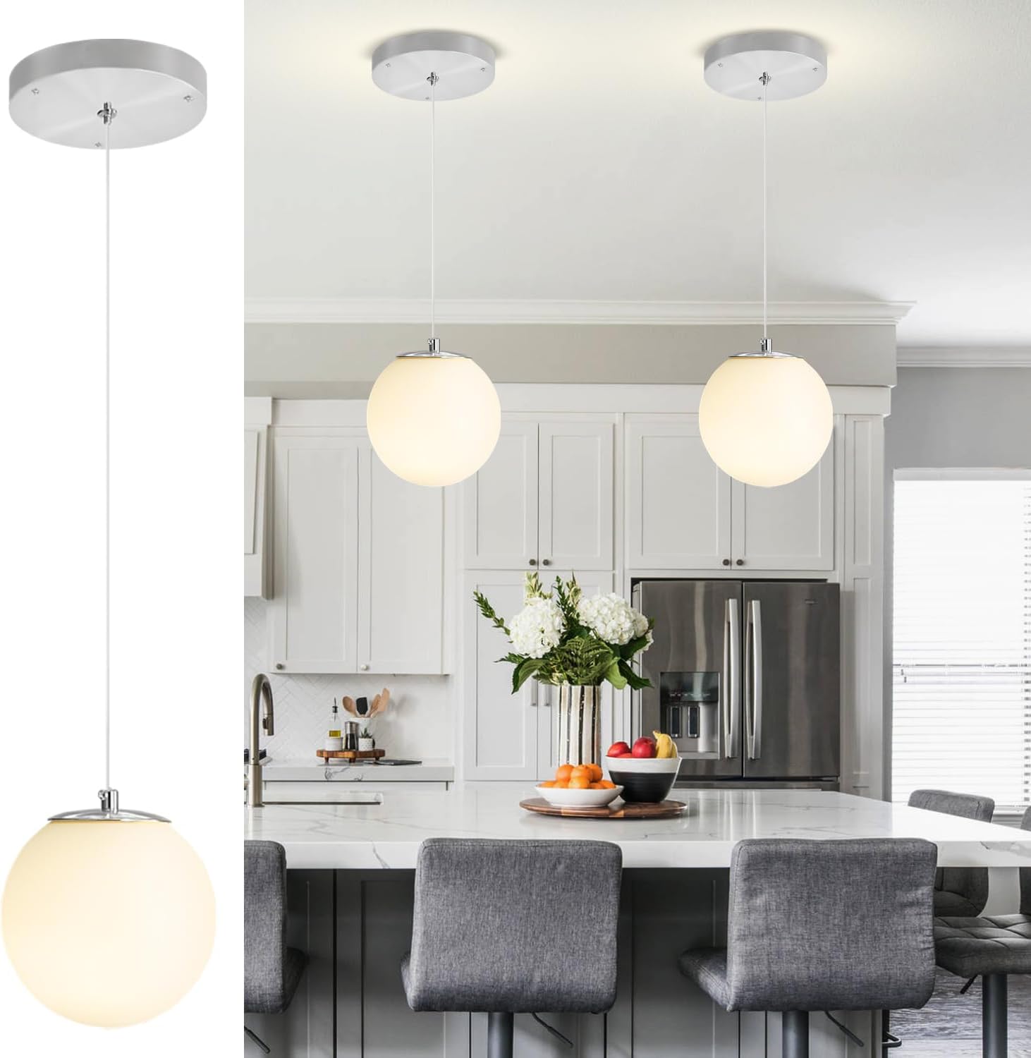 1-Light Modern Pendant Light Fixtures Silver Chandelier with White Globe Glass Dimmable Ceiling Light Glass Pendant Light for Kitchen Island, Dining Room, Living Room, Entry Hallway INCOMPLETE 