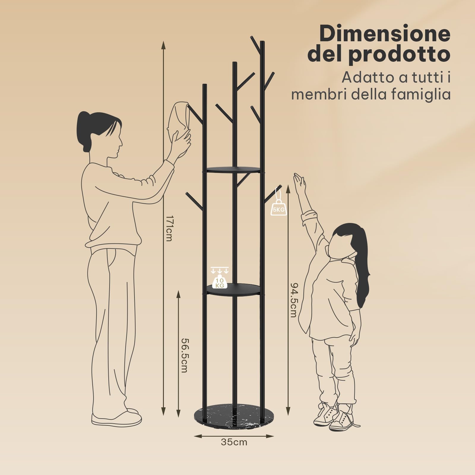 Appendiabiti a forma di albero con contenitore, appendiabiti in metallo con 4 ganci, ripiani indipendenti e cestino in metallo per ingresso
