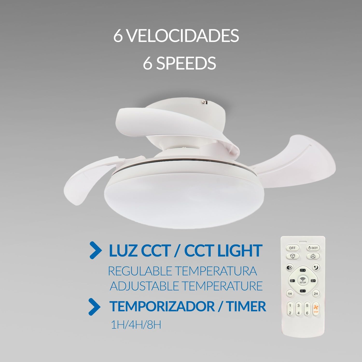 M Mimotec - Ventilatore da soffitto LED Mushroom bianco Ø72,5 cm, motore DC silenzioso, luce LED 24W dimmerabile 3CCT, telecomando, timer e funzione estate/inverno.