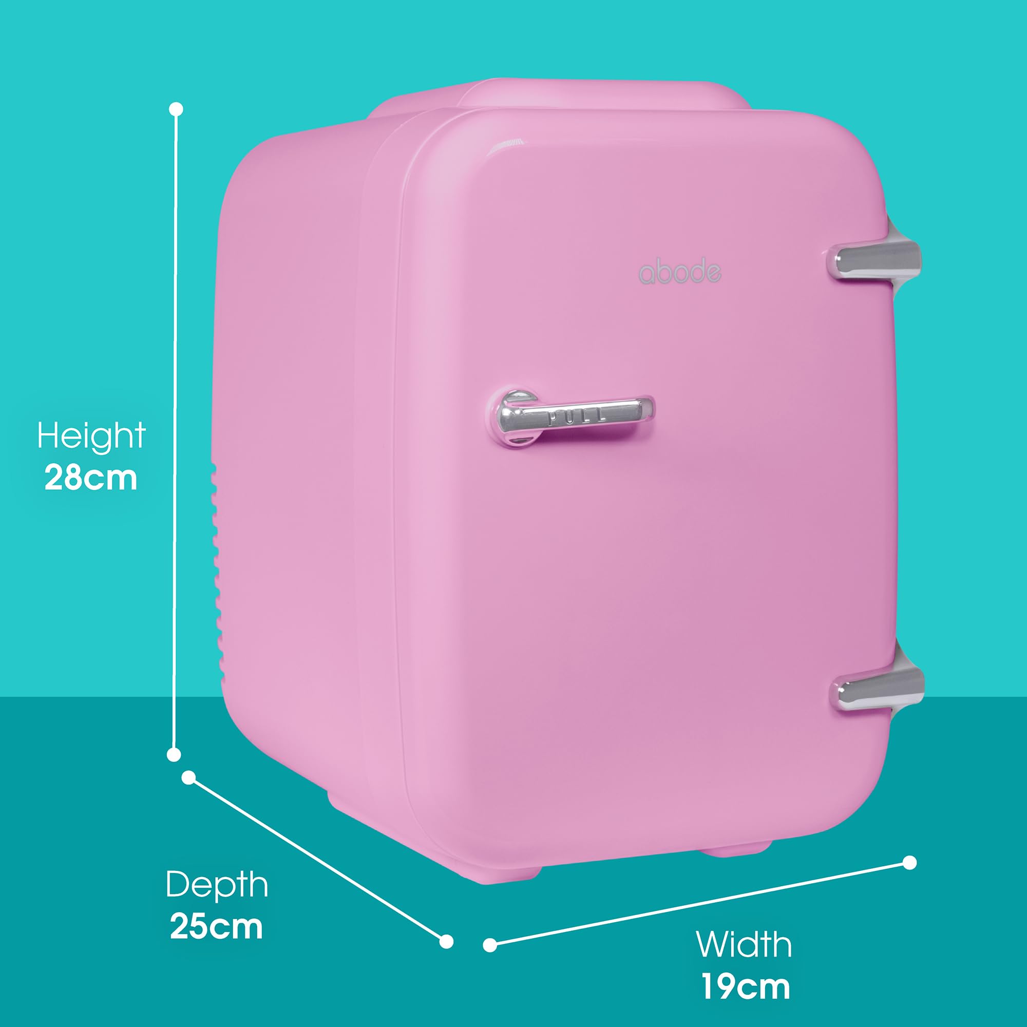 Abode Pink Mini Fridge A4CLR201P 4L/6 Can Portable Thermoelectric Mini Cooler & Warmer for Drinks, Cosmetics/Makeup/Skincare, AC/DC Power, Retro Style, For Bedroom, Home, Caravan, Car — view 3