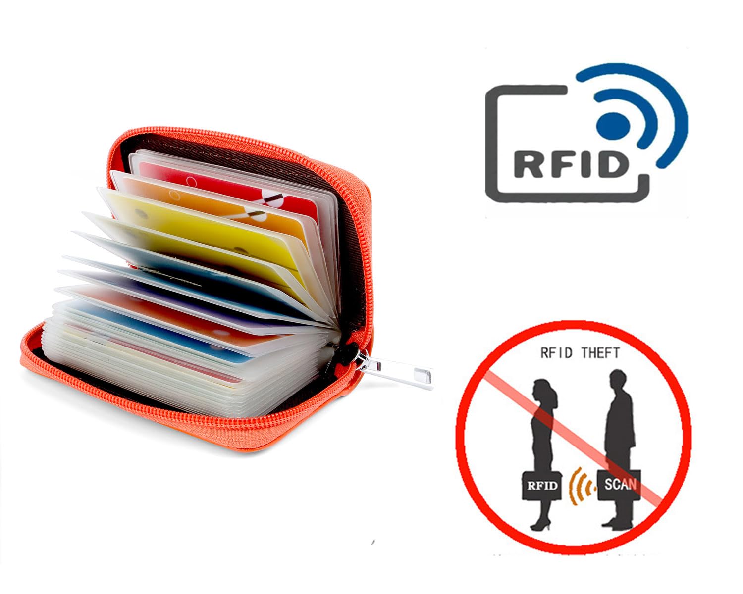 damski portfel na karty kredytowe skórzany ochraniacz RFID 26 gniazd kolorowy, Pomarańczowy, Une taille pour tous