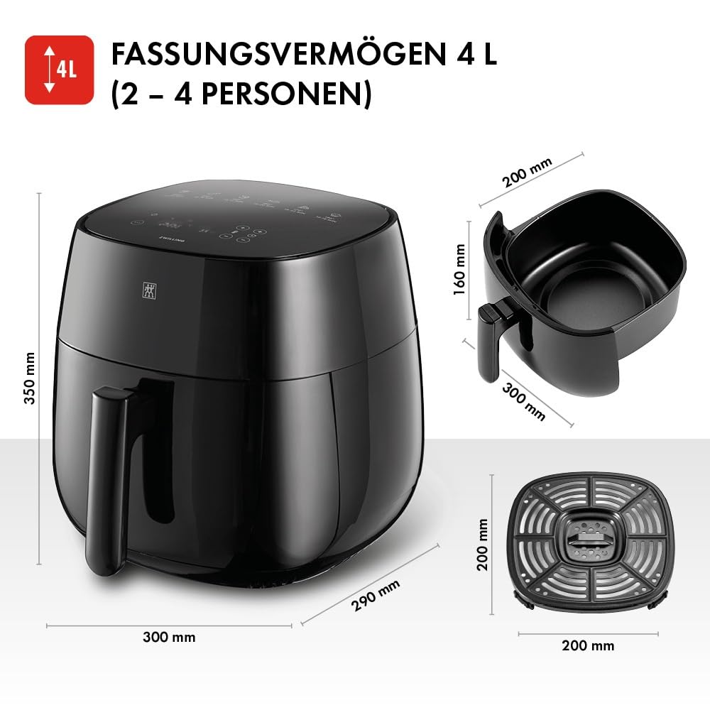 ZWILLING Heißluftfritteuse, Airfryer, 4 L, 6 Programme, 1.400 Watt, kompaktes Design, Frittieren, Garen und Backen ohne Fett, Schwarz