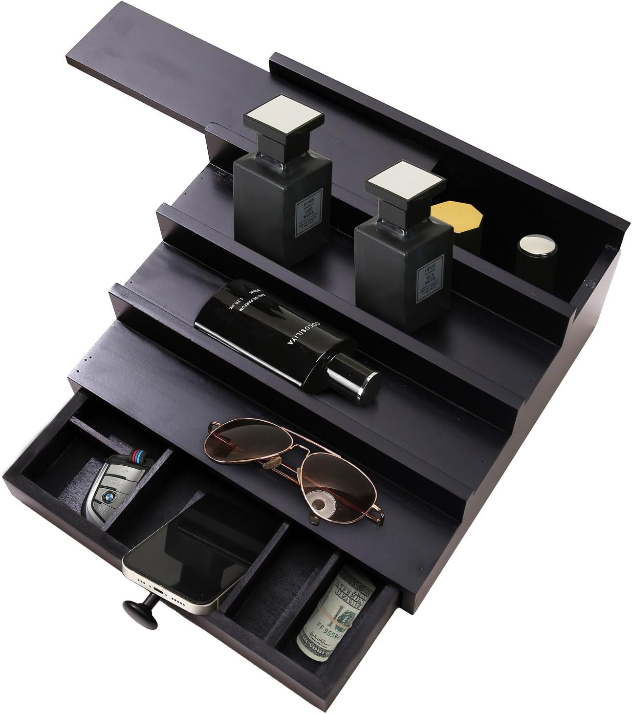 Black Cologne Organizer for Men - 4 Tier Wooden Perfume Display Stand with Drawer and Hidden Compartment for Organizing and Storing, Cologne Holder Shelf for Dresser - Image 4