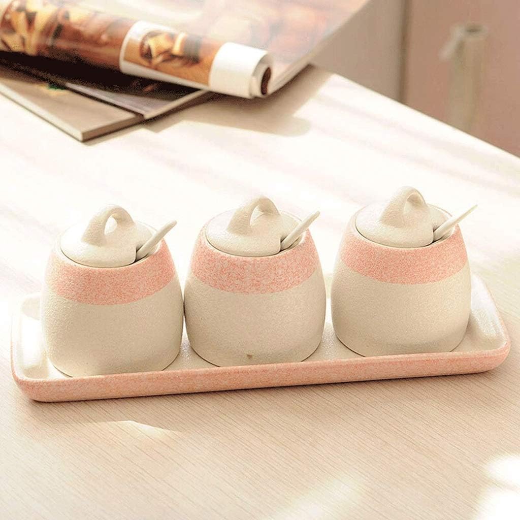 Red White Ceramic Sugar Bowls Condiment Pots Spice Jars Seasoning Box Set with Lid Spoon and Tray-Sets of 3