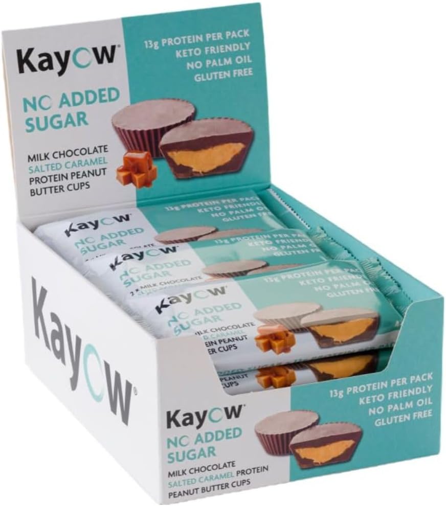 No Added Sugar Milk Chocolate Salted Caramel Peanut Butter Cups 12 x Packs of 2 x 22g High Protein Cups | 13g Protein Per Pack | No Added Sugar | Gluten Free | Low Carb Keto Snacks |