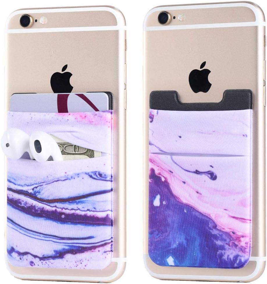 2Pack Phone Card Holder Stretchy Lycra Stick on Wallet Double Pocket Credit Card ID Case Pouch Sleeve Self Adhesive Sticker for Back of iPhone Android Smartphone (Sand Marble Purple Double Pocket)