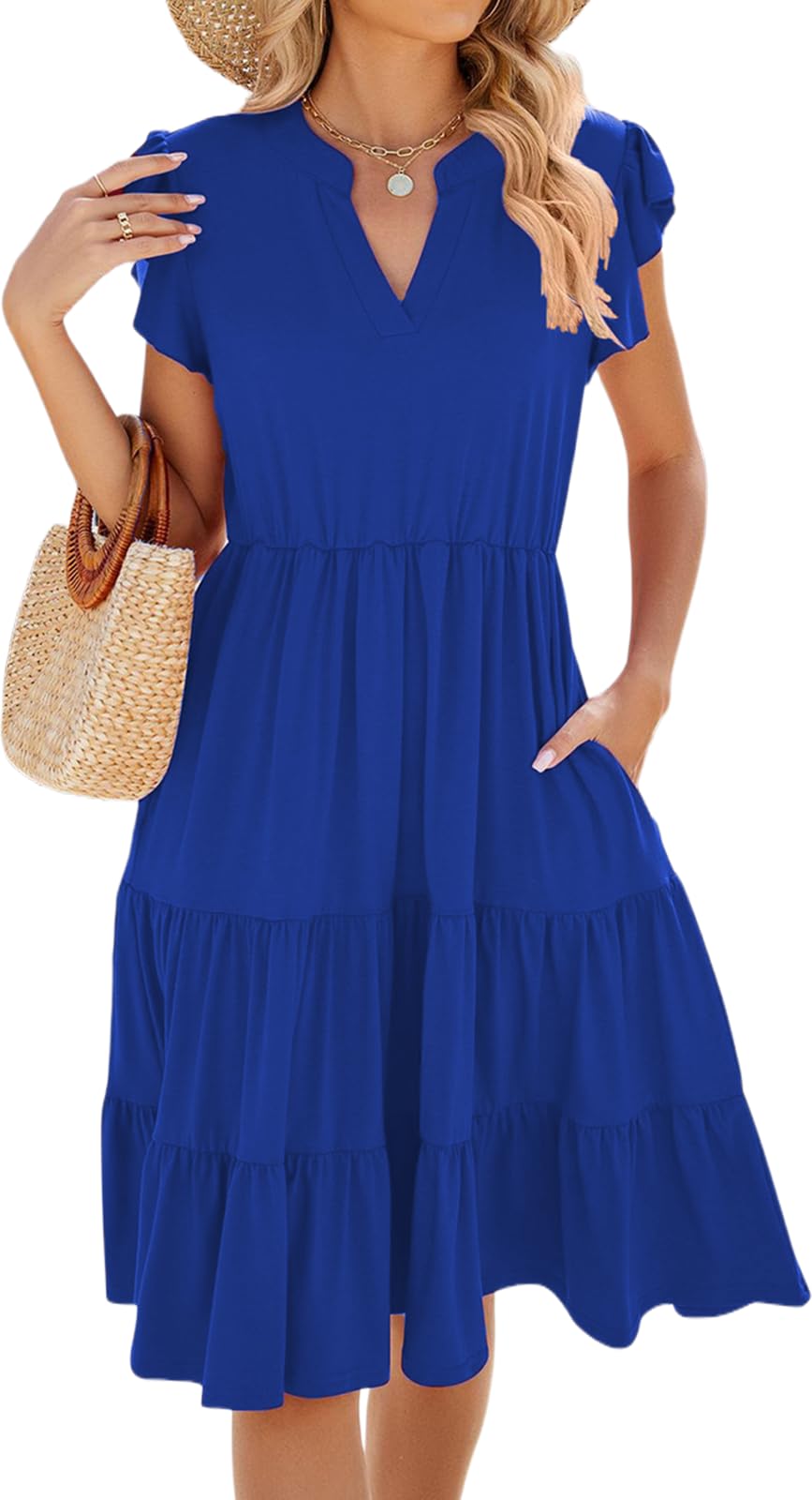 Womens Summer Dress Ruffle Sleeve V Neck Midi Dresses Casual Fit Flowy Tiered Boho Beach Vacation Sundress