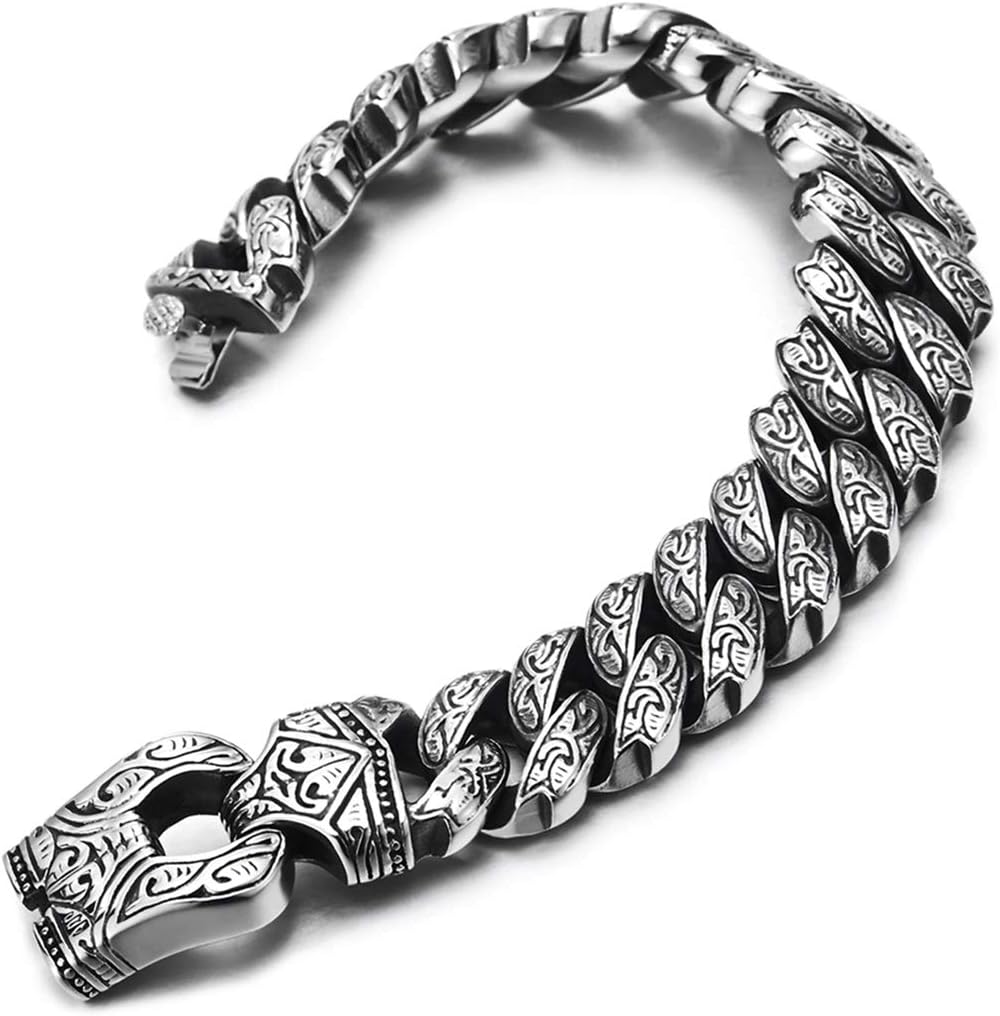 COOLSTEELANDBEYOND Mens Steel Vintage Fancy Curb Chain Bracelet with Tribal Tattoo Pattern, Retro Style, Masculine - Image 5
