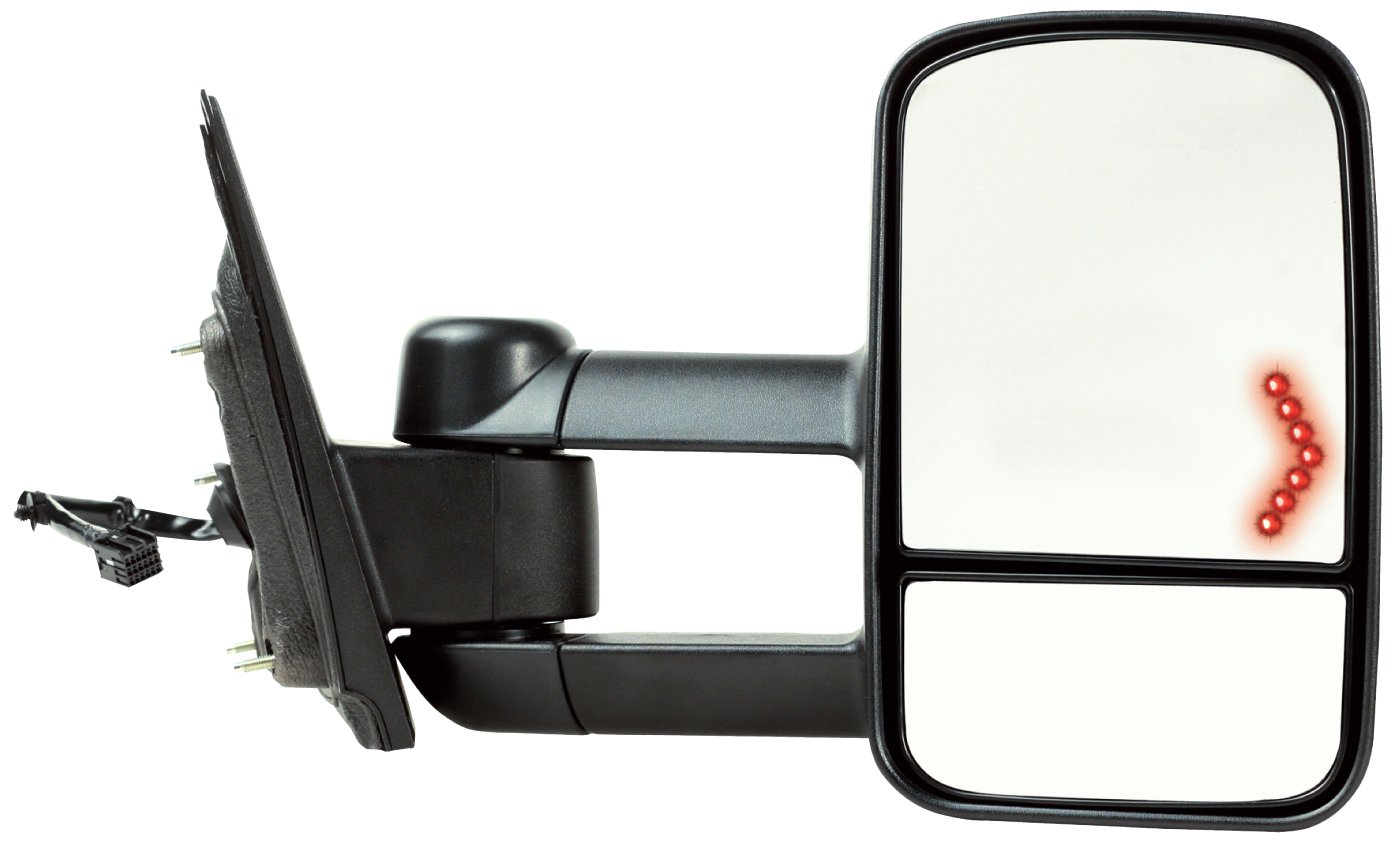 K Source Passenger Side Extendable Towing Mirror For 2014-2019 Silverado/Sierra Pick-Up Full Size. 1st Design, Textured Black, Heated Power, LED Arrow Signal, Dual Lens, Foldaway