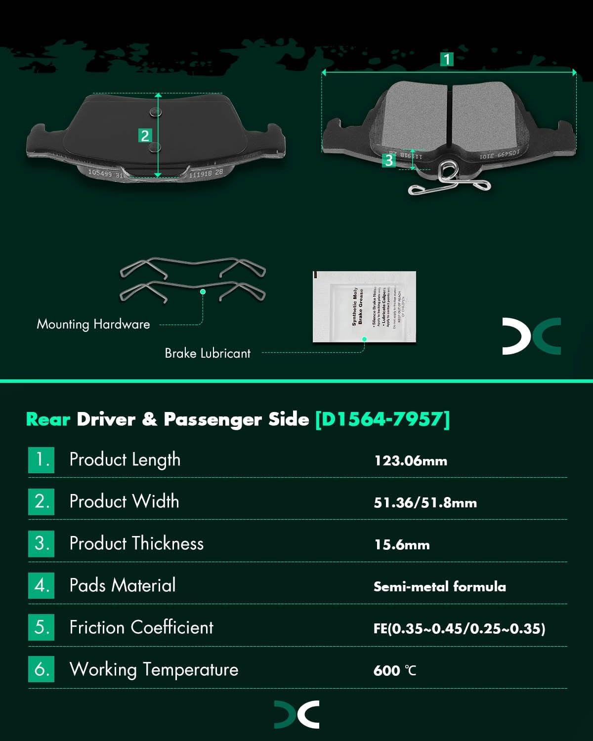 SCITOO D1564 Semi-Metal Brake Pads Kits Rear Fit For Chevy Cobalt,For Ford For Escape,For Jaguar XFR/XJ/XK,For Mazda 3,For Pontiac Solstice,For Saab 9-3,For Saturn Sky,For Volvo C30/S40/V50