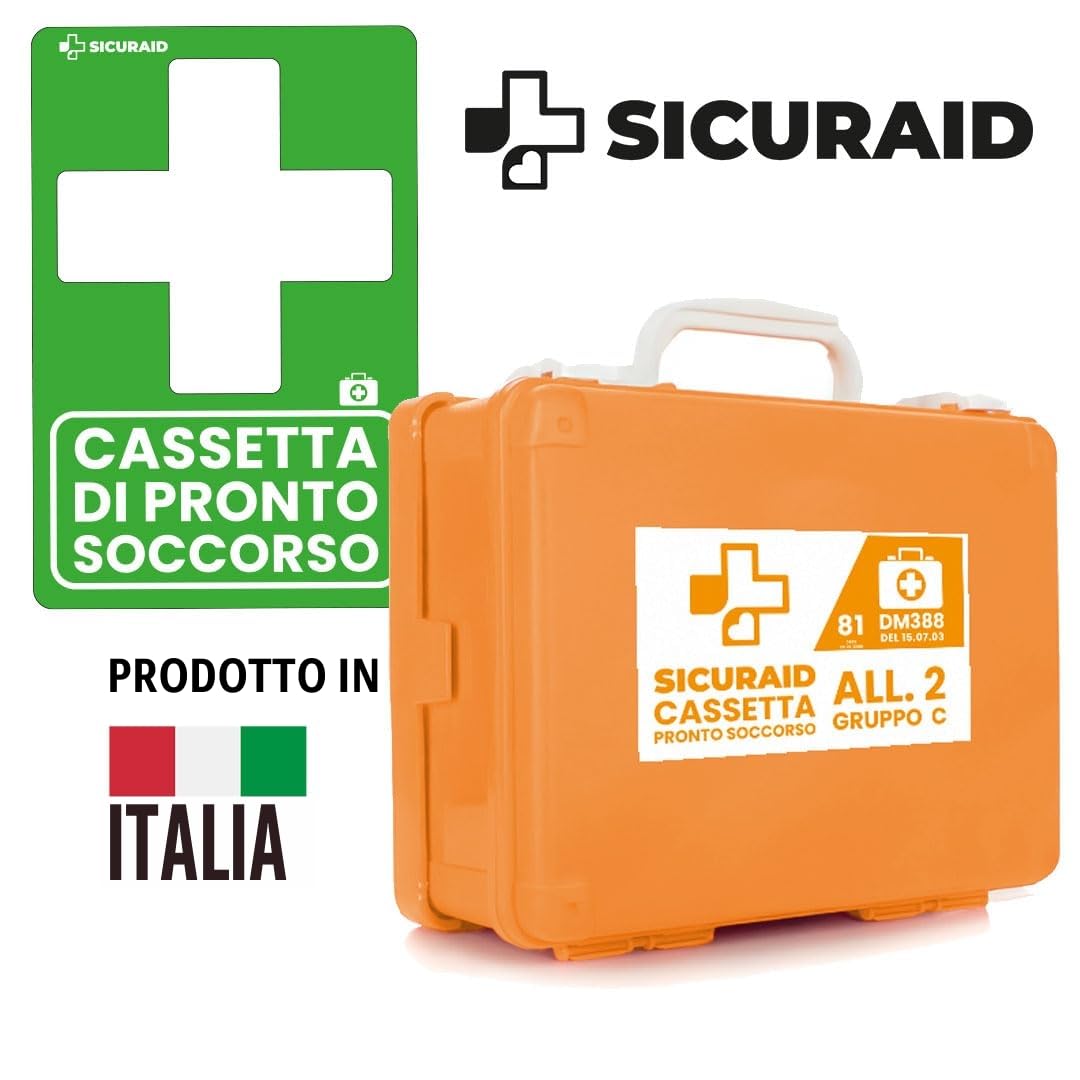 SICURAID Cassetta Pronto Soccorso Aziendale Allegato 2 DM 388/2003 CE MDR con Web App SicurApp | Kit Medico Certificato | Valigetta Arancio con Cartello per Aziende fino a 2 Dipendenti – Gruppo C