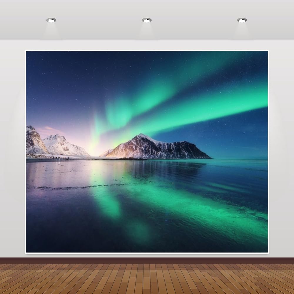 Caaerttply 10x8ft Aurora Borealis Backdrop Arctic Snow-Capped Mountains Lake Northern Lights Photography Backdrop Norway Winter Natural Scenery Kids