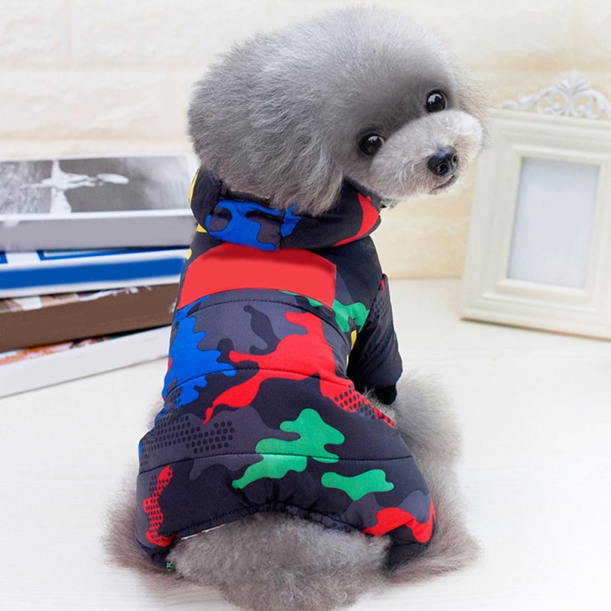 PRETYZOOM 2pezzi Cappotto Invernale Spesso per Cani Camouflage con Design Bottoni Abbigliamento per Animali Domestici per Bulldog Francese e Altri Cani Taglia Rosso