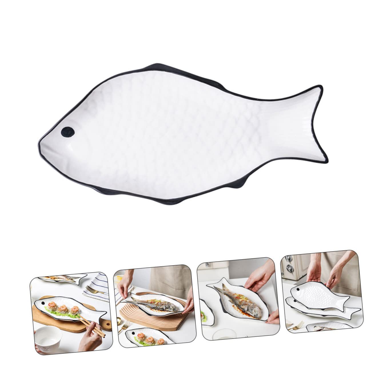 COLLBATH Plato de Cerámica para Pescado al Vapor, Blanco, Forma de Pez | Apto para Microondas, Superficie Lisa, Fácil de Guardar, Uso en Hotel y Hogar