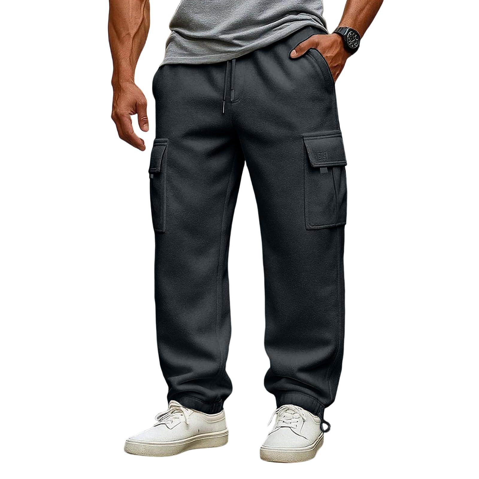 Jogger Sweatpants for Men Relaxed Fit Fleece Lined Cargo Pants Heavyweight Straight Leg Sweatpants with Pockets