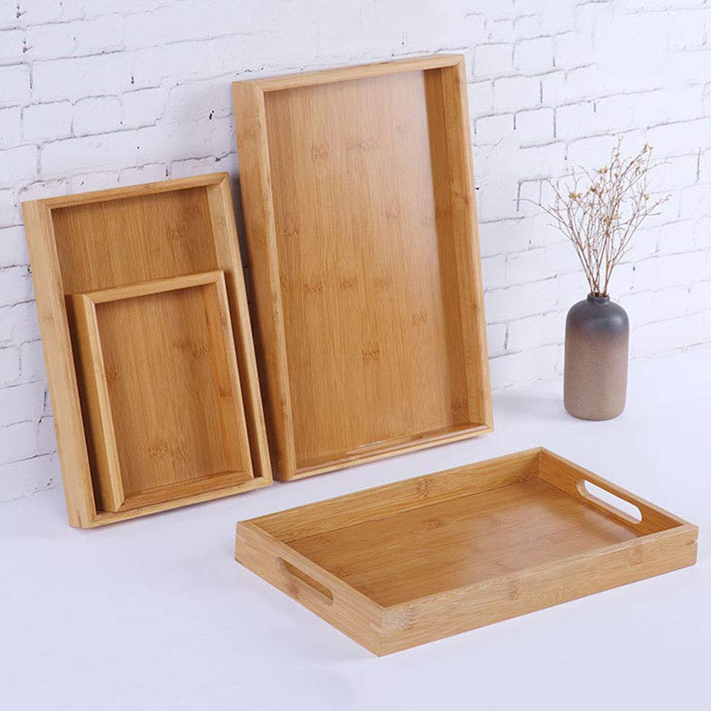 Plateau en bois - Plateau de service en bambou avec poignées pour petit déjeuner - Grand bois ottoman (38 x 25 x 4 cm)