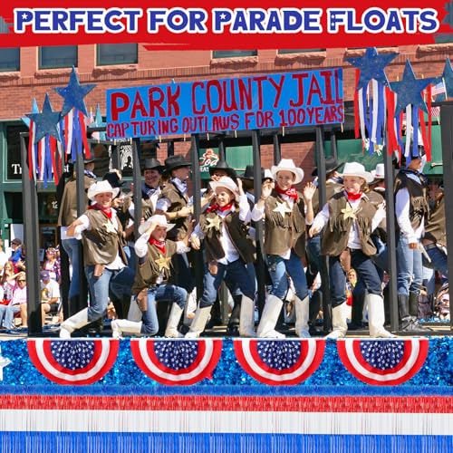 Image of Crowye 250th 4th of July Parade Float Glow in The Dark Decoration Set Memorial Day Metallic Foil Fringe Curtains Patriotic Banner Red White Blue Crepe Paper Streamer Star Shape String Light for Party