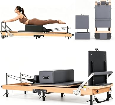 Pilates Reformer Machine for Home Gym, Foldable & Fixed Rail & Half Trapeze Pilates Bed Equipment, Full Body Workout Pilates Core Bed for Women Home Fitness