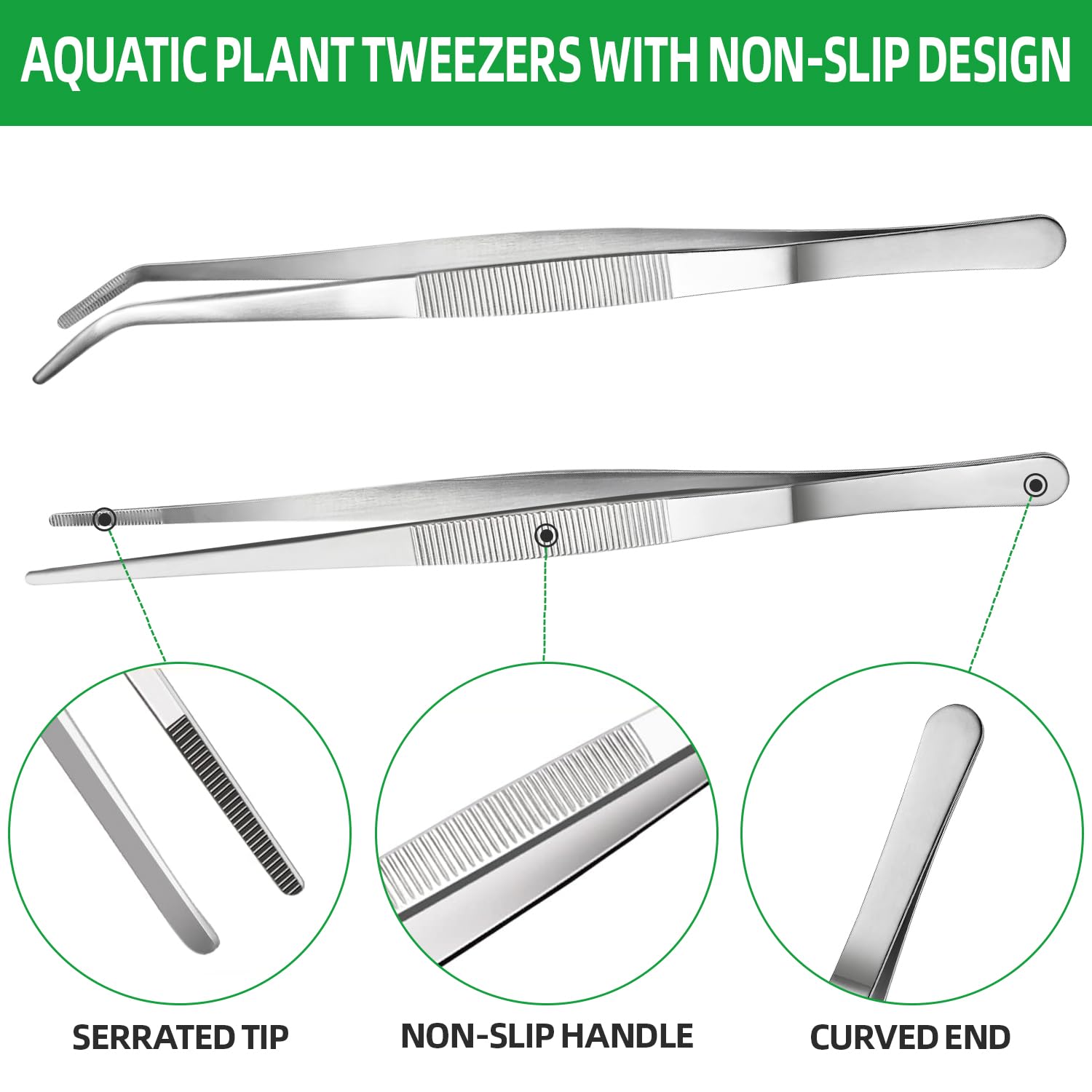 2 Pezzi Pinzette per Acquario - Dritte/Curve, Attrezzi in Acciaio Inox per Aquascaping, Terrarium, Rettili, BBQ, Piante Grasse e Cucina