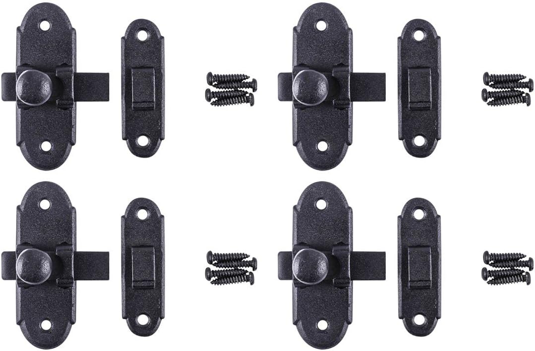 Renovators Supply Manufacturing Black Iron Cabinet Slide Door Latch 3.2" L X 2.2" W Antique Wrought Iron Metal Sliding Latches for Cabinet Or Window Doors Rust Resistant Locks with Hardware Pack of 4