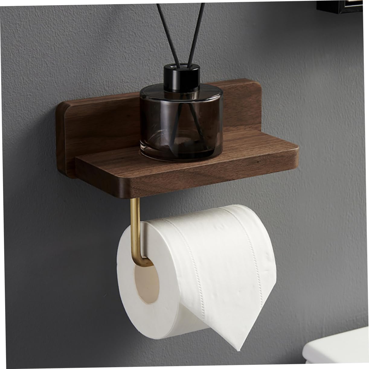 POPETPOP Premium Solid Wood Bathroom Tissue Holder Rack Punch Punch Installation Space Saving Design with Scroll Bar Capacity for Toilet Paper Wet Wipes and Accessories Natural Walnut