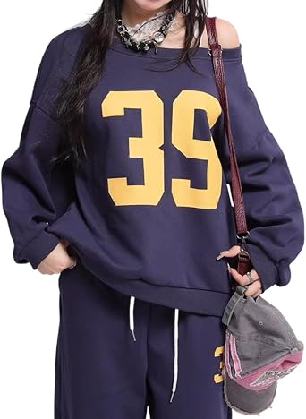 Number 39 Off Shoulder Oversized Crewneck Sweatshirt Women Y2k Graphic Long Sleeve Pullover 2000s Streetwear