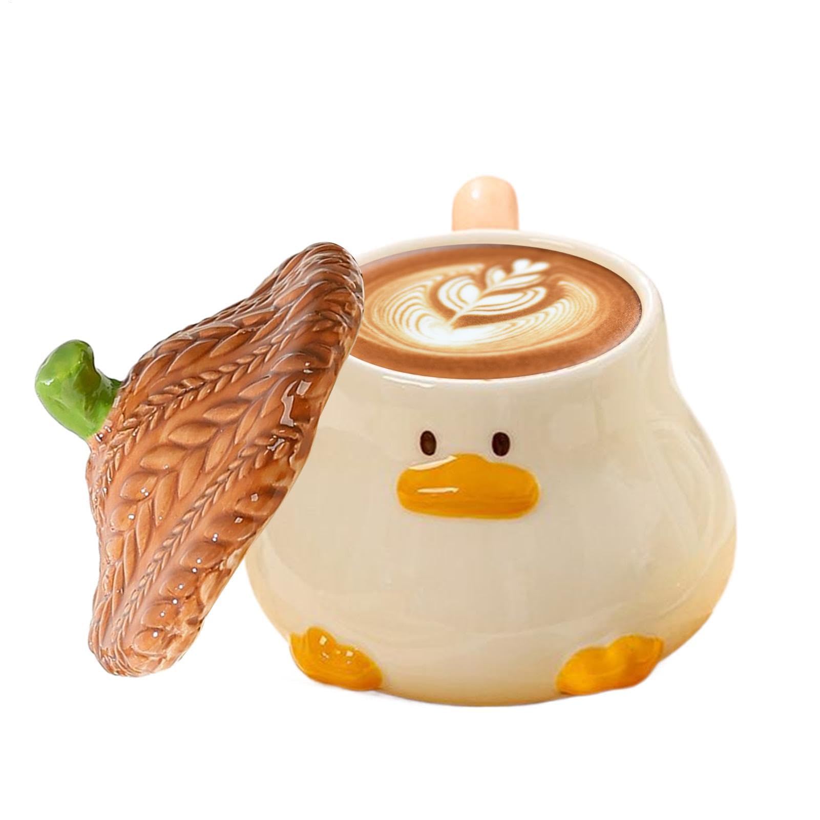 Cute 3D Duck Coffee Mug - Ceramic Coffee Mug with Lid,400ml Animal Shaped Drinkware with Lid, Hand-Painted Tableware with Handle for Adult Women Men Friends Gag Collector - Brown