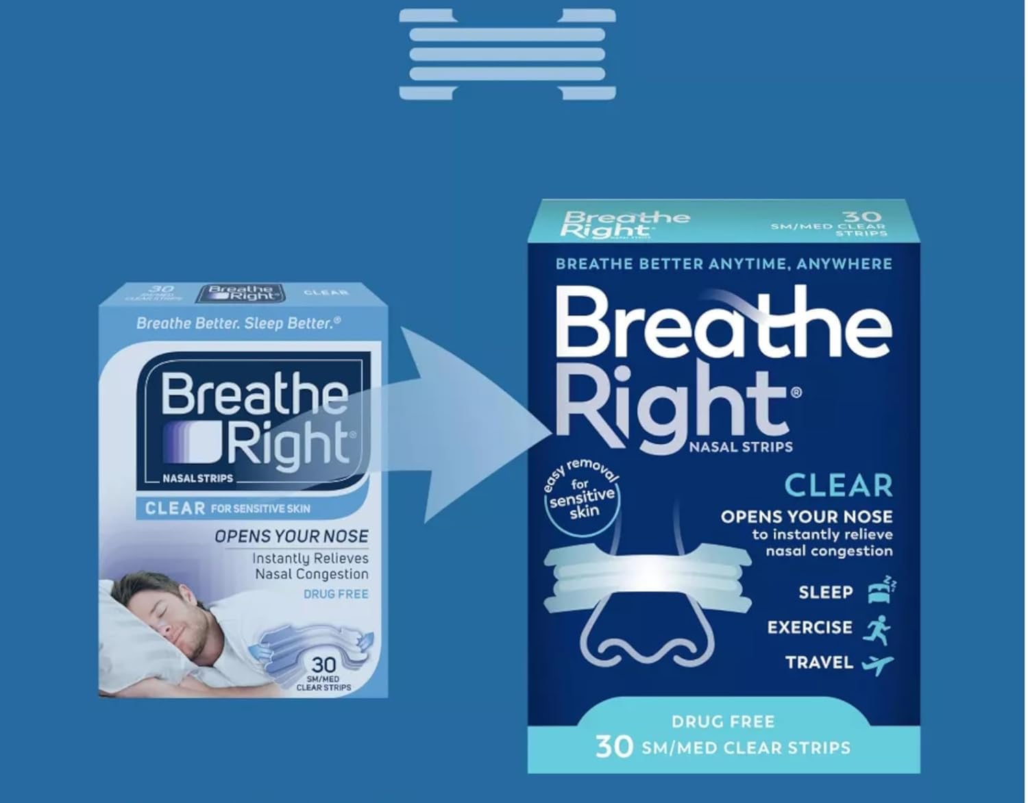 Breathe Right Nasal Strips - Clear - for Sensitive Skin - Sm/Med Clear Strips - 30 Count Strips Per Box - Pack of 3 - Image 4