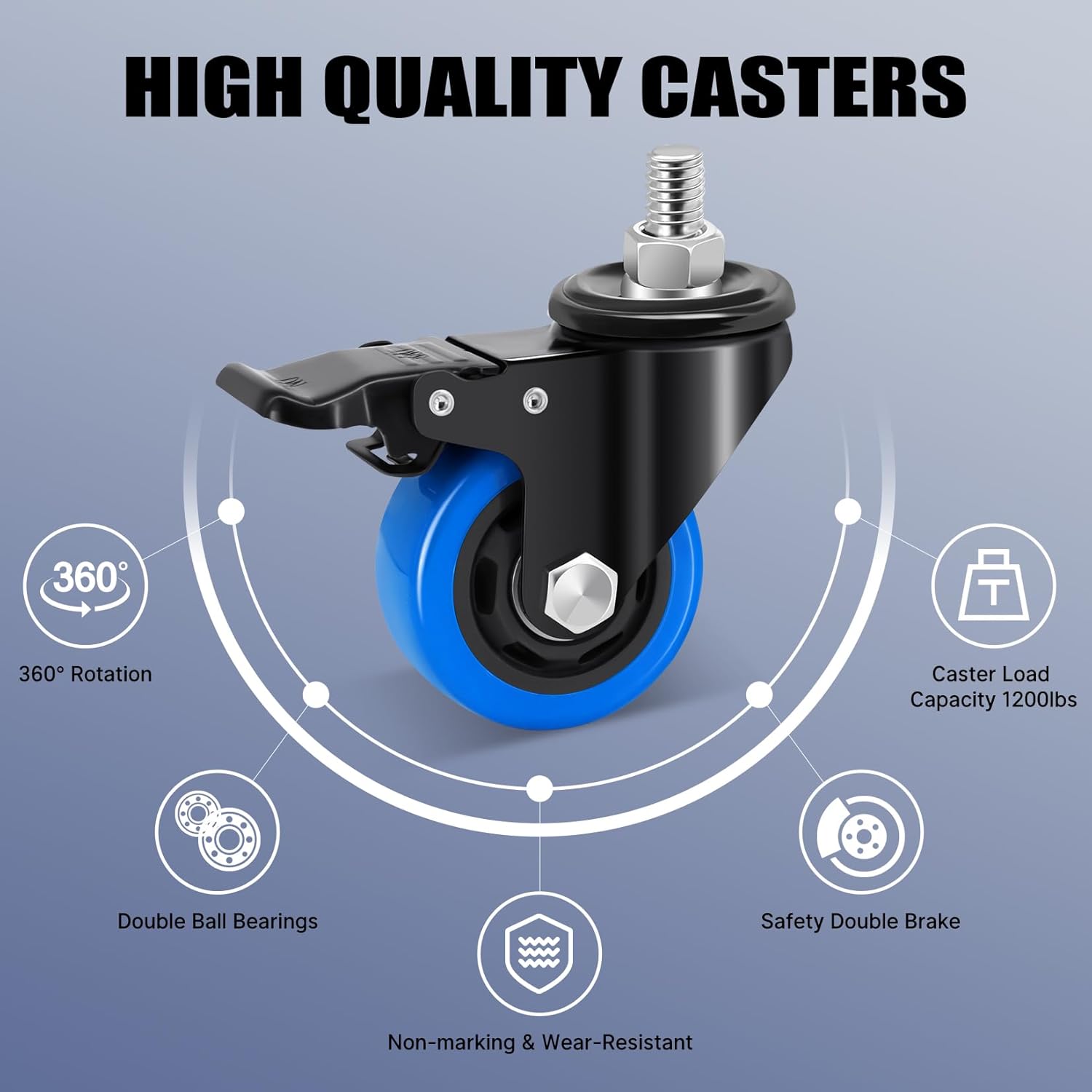 Stem Caster Wheels 3 Inch, Heavy Duty Threaded Stem Casters, 1/2"-13 x 1 (Screw Diameter 1/2", Length 1") Swivel Casters Set of 4 with Safety Dual Locking Wheel for Furniture and Cart
