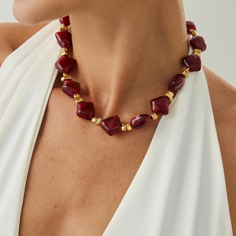 Charm Chunky Irregular Turquoise Gold Beads Choker Necklace for Women Statement Red Resin Acrylic Necklaces Boho Prom Party Aesthetic Jewelry Gifts - Image 7