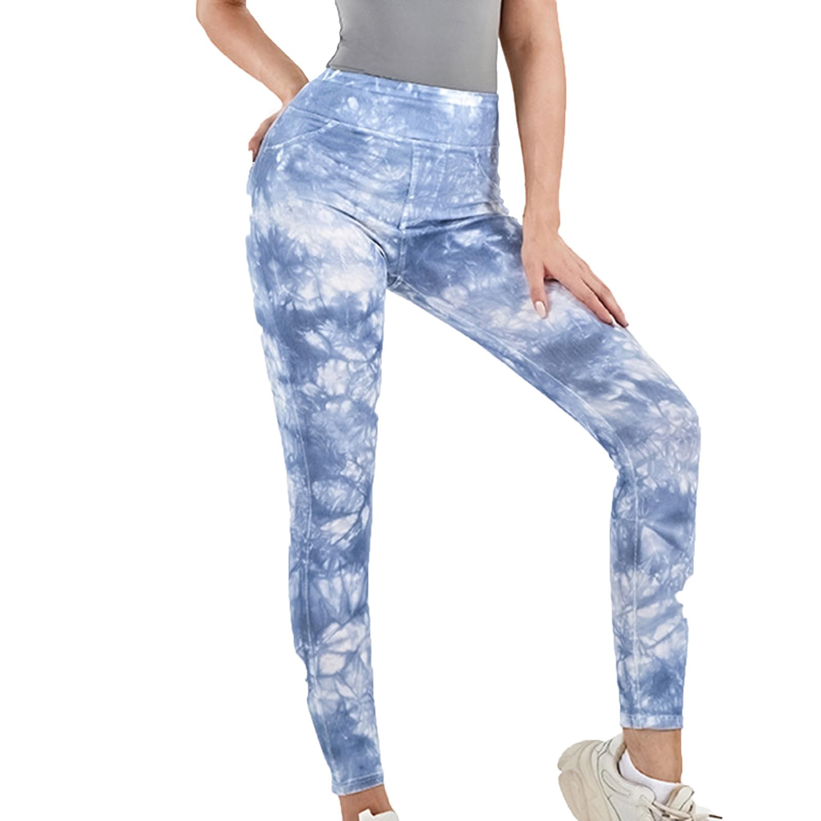 Tie-dye Gym Yoga Pants for Women Fashion High Waist Stretchy Leggings Casual Slim Fit Tummy Control Trousers Sky Blue