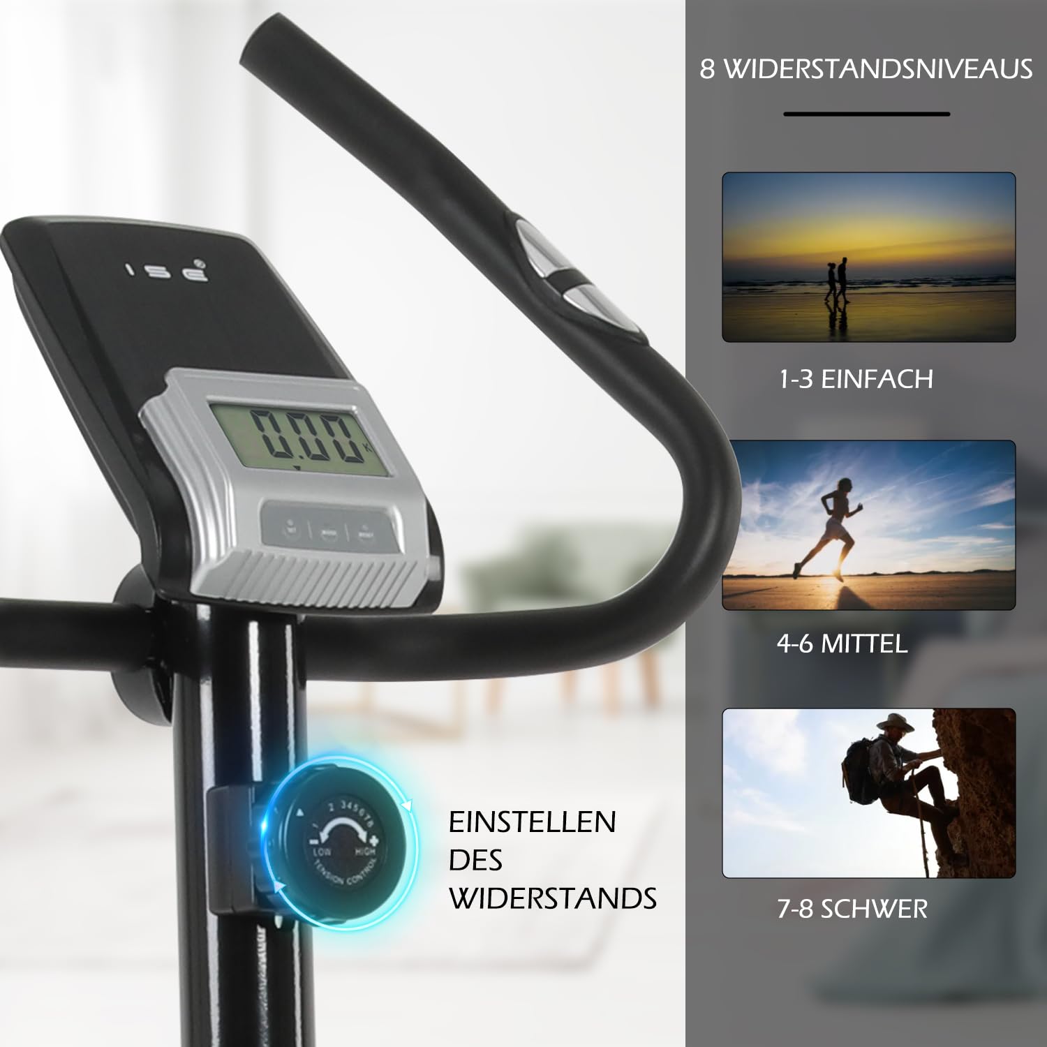 ISE Cyclette Da Casa con Display LCD, Cyclette Per Casa con 8 Livelli di Resistenza Regolabili, Frequenza Cardiaca, Ciclette per casa con altezza del sedile regolabile
