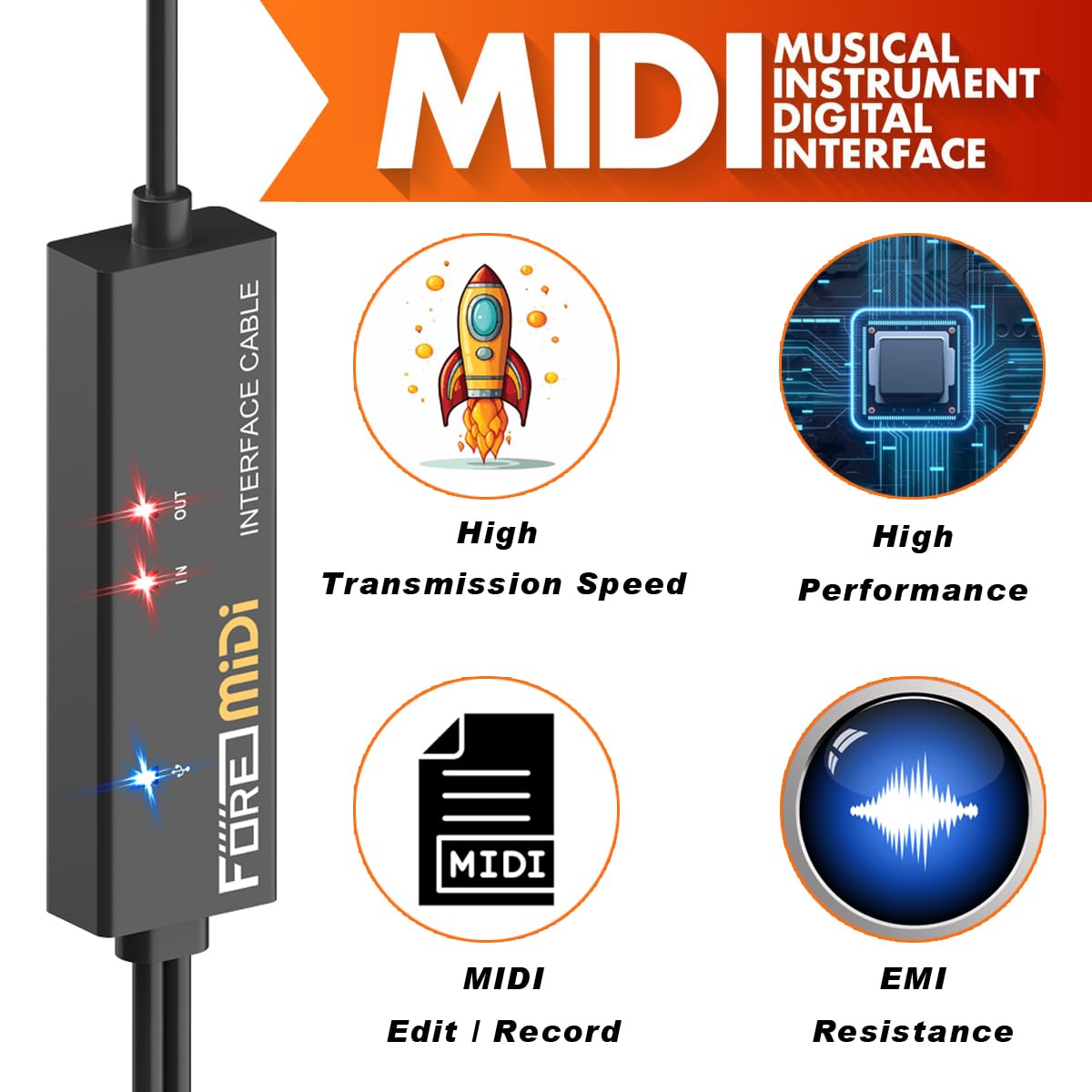FORE Interfaz MIDI a USB compatible con cable MIDI USB tipo C con entrada y salida, funciona con teclado MIDI/sintetizador/MIDI Deivce compatible con iOS y Android, Windows/Mac OS negro y naranja, 6.5