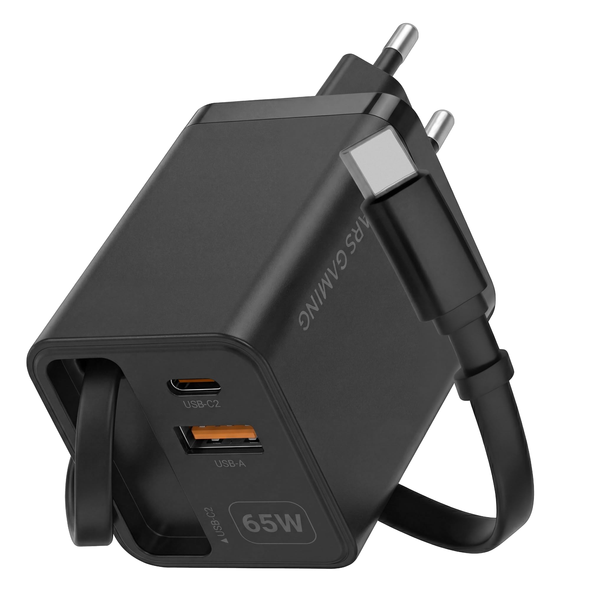 Mars Gaming MD-GAN65R Caricatore USB-C 65W GaN Ricarica Rapida QC 3.0 PD 3.0 Cavo Retrattile 65cm USB-A USB-C Spina Europea Tipo C Nero