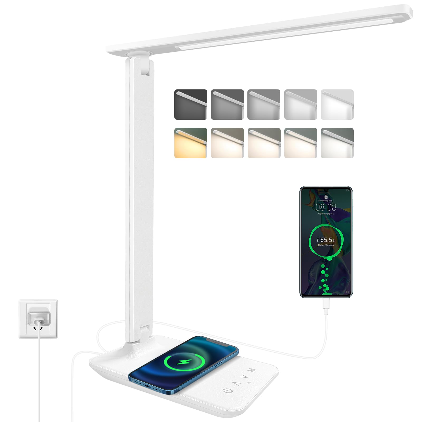 Lámpara de escritorio LED con adaptador, plegable, lámpara de noche regulable con 5 modos de color y 5 niveles de brillo, puerto de carga USB, para lectura de trabajo (blanco, pro)