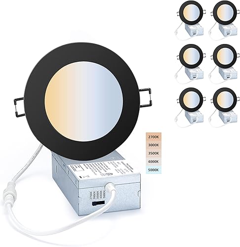 Iluminación LED empotrable prémium de 4 pulgadas, 5 CCT, ajustable, regulable, empotrable, lámpara de techo con caja de conexiones, 2700-5000K, 9W,
