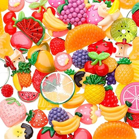 Fruit Charms for Slime, IGIYI 100 Pcs Small Resin DIY Mixed Fruits Orange Apple Banana Strawberry Grape Watermelon and More for Slime Cell Phone Kids, Assorted Fruits Slime Charms Cover