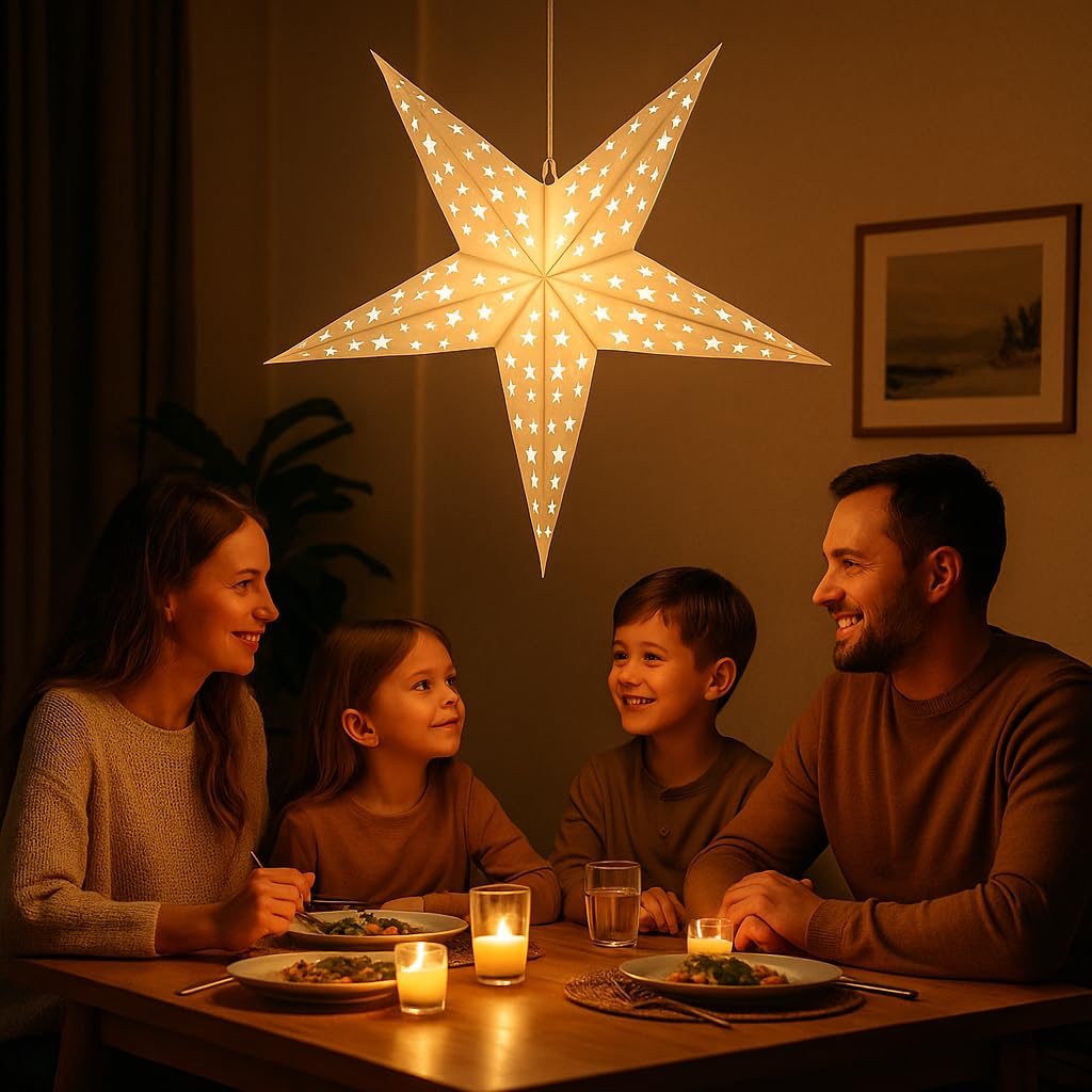 Pantalla de luz de estrella de papel blanco de 60 cm, farol colgante para decoración de ventanas de Navidad, fiestas, bodas y decoración del hogar, estrella plegable de 5 puntos (3)
