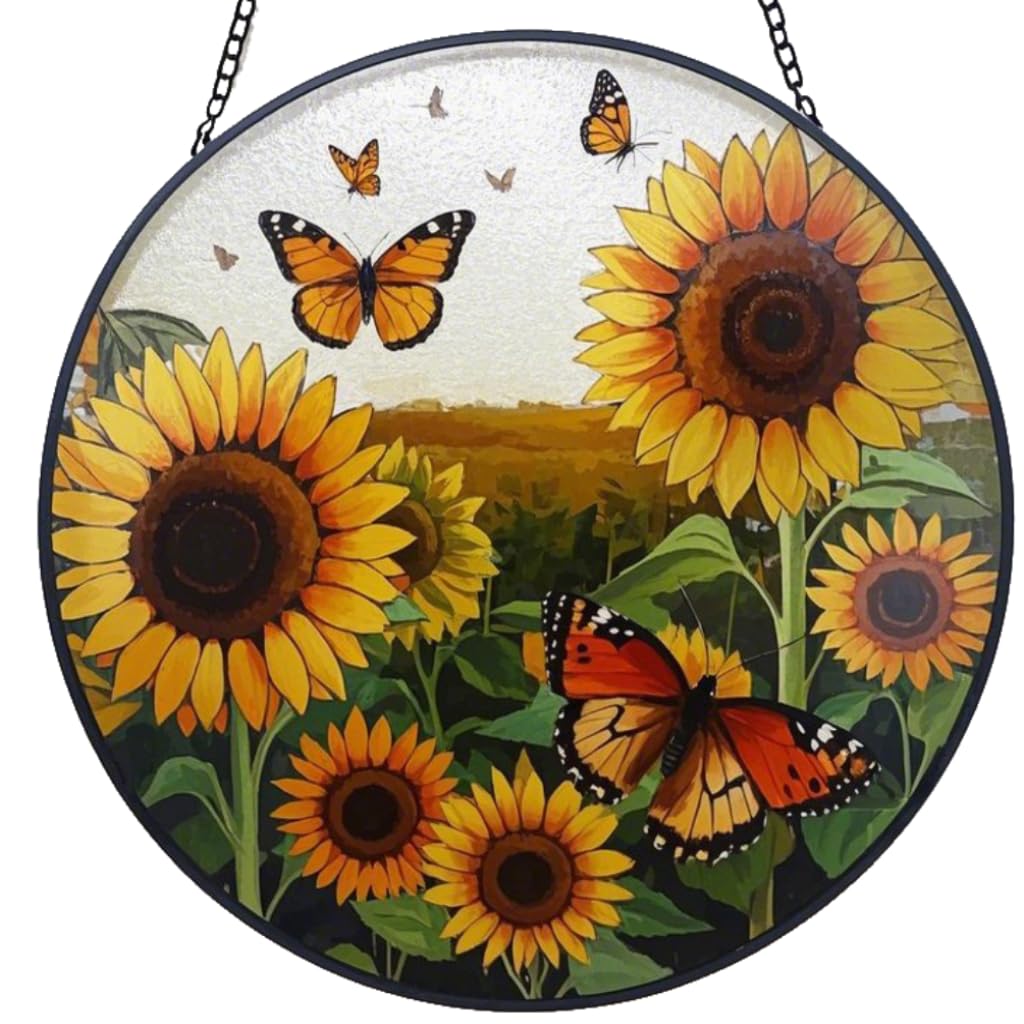 Twaliray Women's Stained Glass Sunflower Decor Suncatcher, Suncatcher For Window,Originally Designed Butterfly Sun Catchers,7.8" Large Window Hanging,Sunflower Gift For