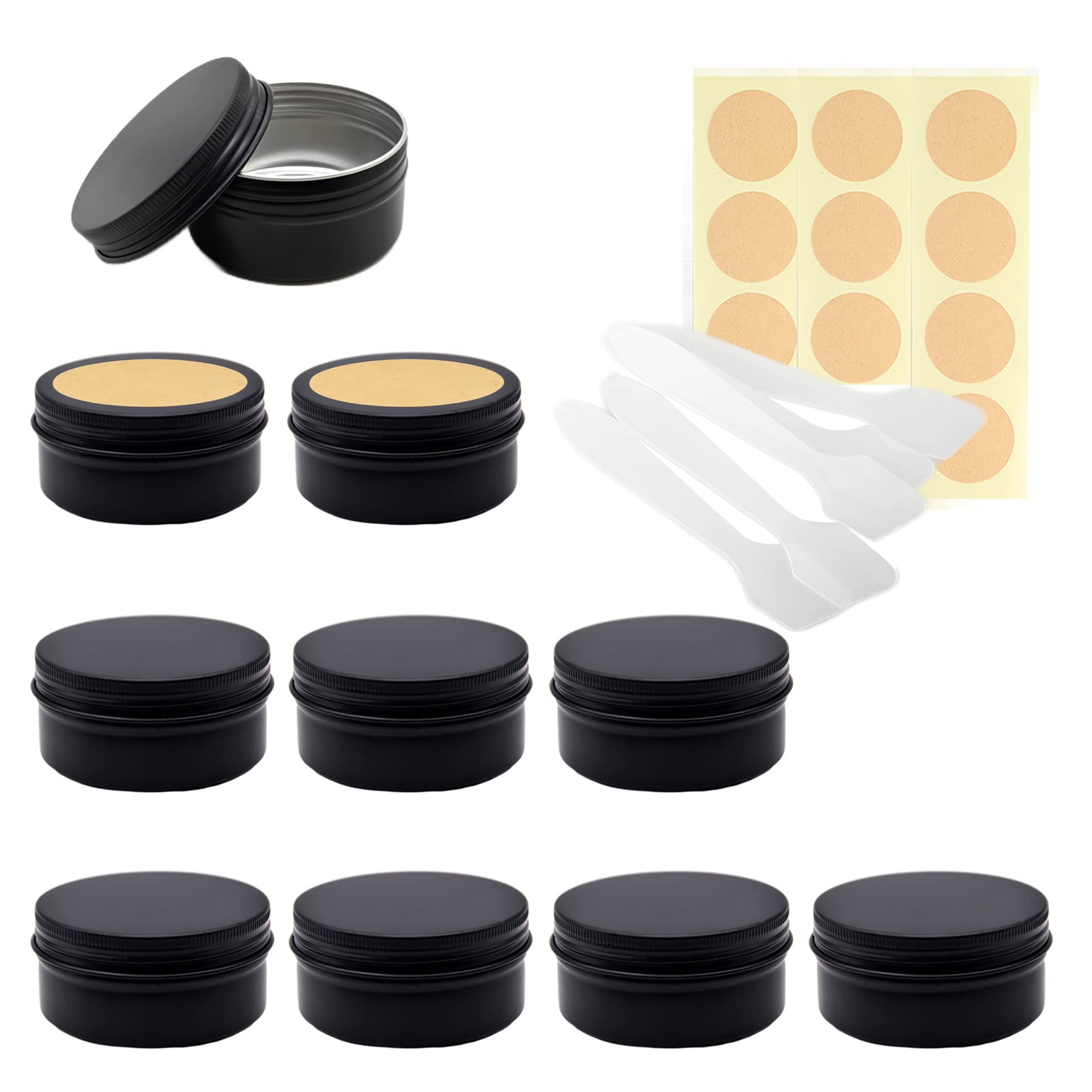 LusDoly Pack of 10 Empty 80ml Matte Black Aluminium Tins with Lids - Ø68x36mm Travel Round Aluminum Screw Pots Cosmetic Cream Container Jars for Candle Lip Balm, Salve, with Spatulas & Labels — image 1