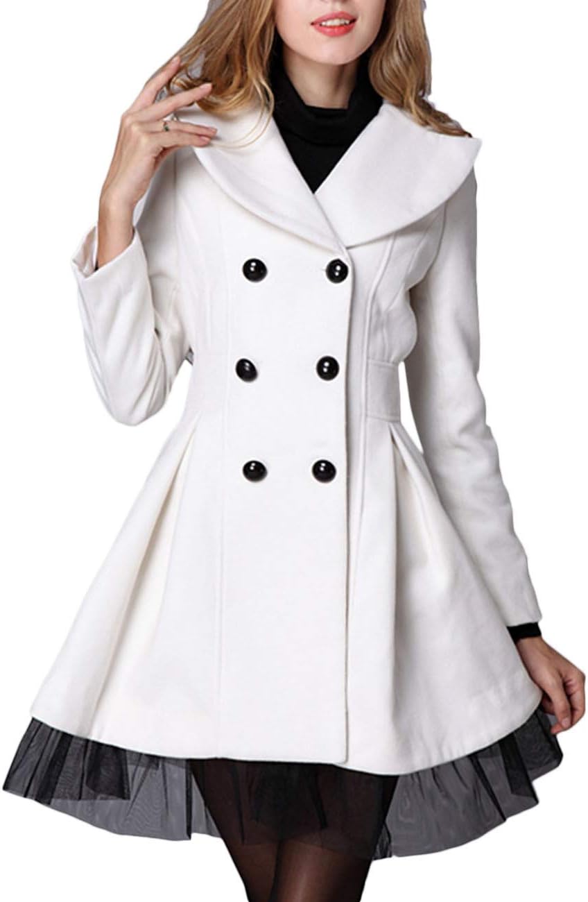 xxxiticat Women's Long Winter Coats Double Breasted Sheer Mesh Hem Sexy Warm Dress Jacket Black Trench Coat Peacoat