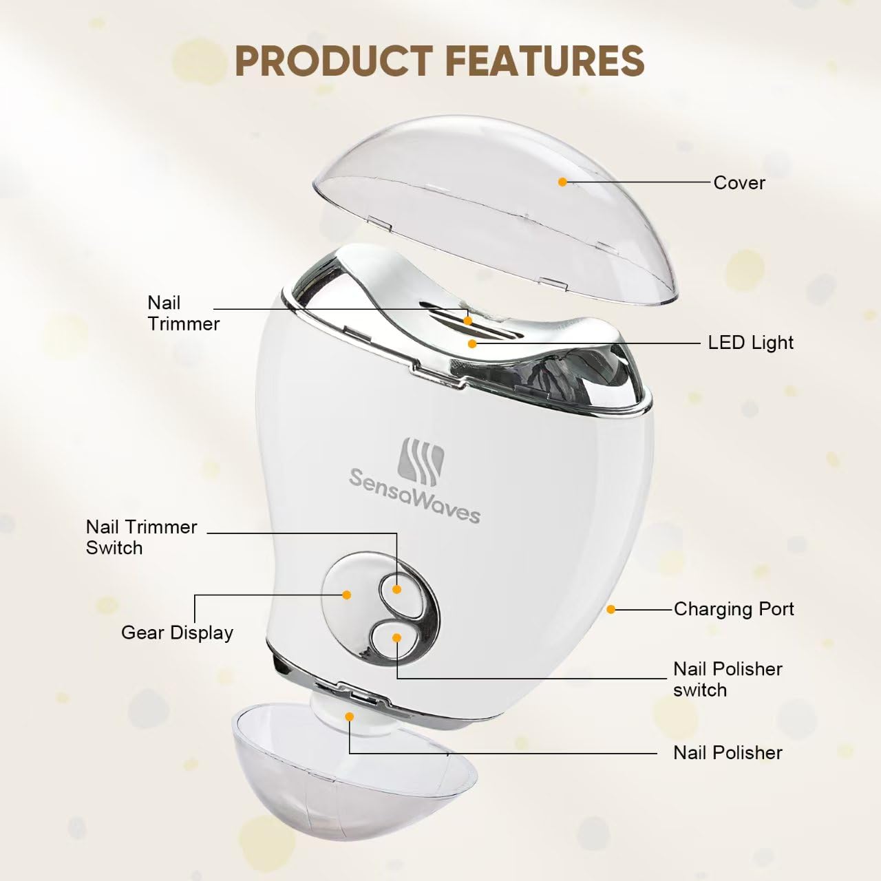 3-in-1 Electric Nail Clipper for Baby & Adults, USB Rechargeable Trimmer with LED Light, Polisher and Storage Container, Adjustable Speeds Nail Clipper for Kids, Seniors & Caregivers (Safe & Quiet) White