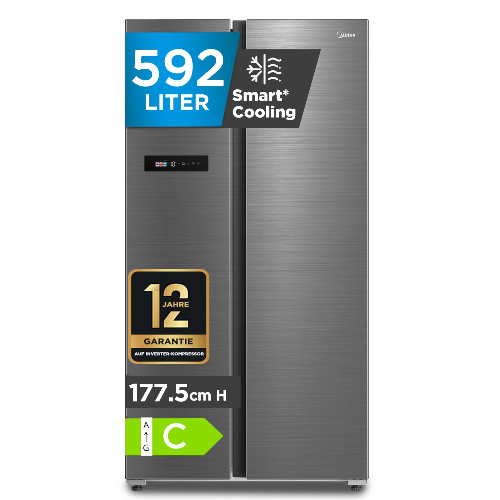 Midea Side-by-Side Kühl-Gefrierkombination 592 L | No Frost, WiFi-Steuerung | Inverter-Kompressor, 37 dB, 212 kWh/Jahr | 177,5 cm hoch | Multi-Air-Flow & Humidity Control | SuperCool | MDRS791MIC46