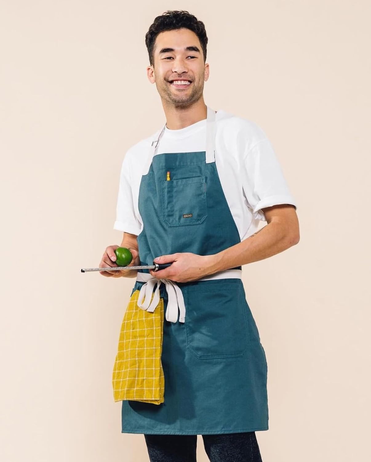 Caldo Daily Cotton Kitchen Apron for Cooking- Mens and Womens Professional Chef or Server Bib Apron - Adjustable Straps with Pockets and Towel Loop (Spruce) - Image 6